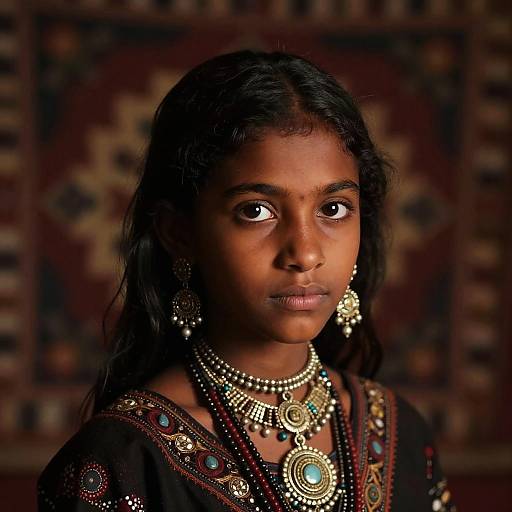 Photograph of a young Indian woman with dark skin, black hair, and intense expression, wearing intricate gold jewelry and traditional black attire, set against a