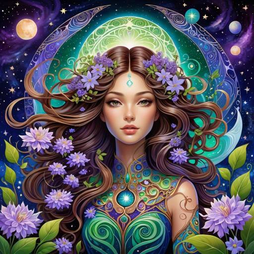 Fantasy Goddess with Flowers and Cosmic Background