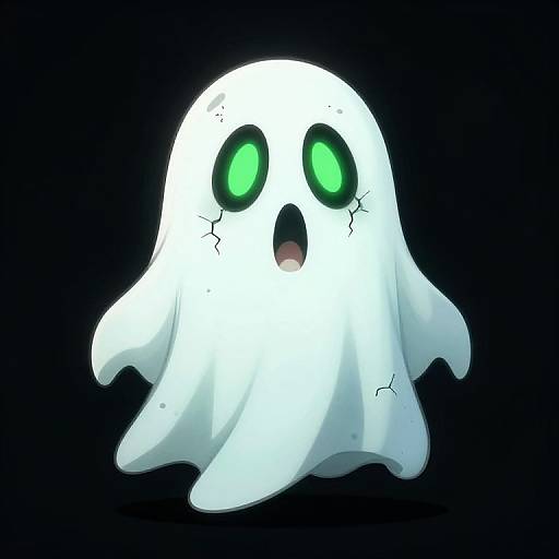 Digital illustration of a cute, white ghost with glowing green eyes, a small open mouth, and cracked features, floating against a black background.