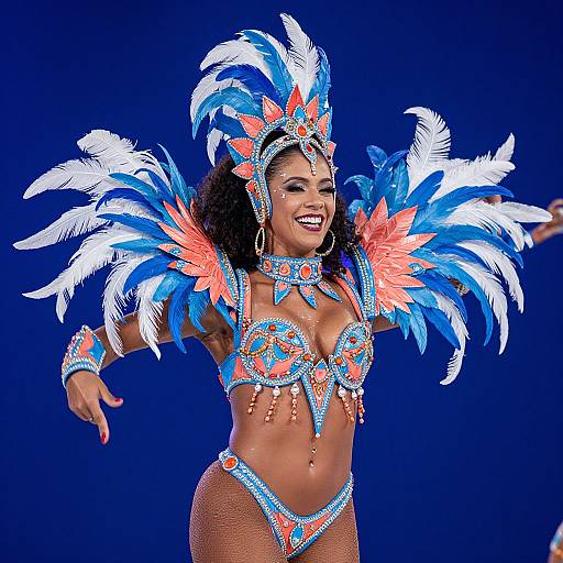 Photograph of a smiling, dark-skinned woman in vibrant blue and orange feathered headdress, matching bikini, and jewelry, dancing against a blue