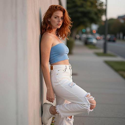 Redhead Woman in Blue Crop Top and White Ripped Jeans