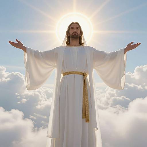 Photograph of a bearded man with long brown hair, wearing a white robe with a gold belt, standing with arms outstretched against a bright
