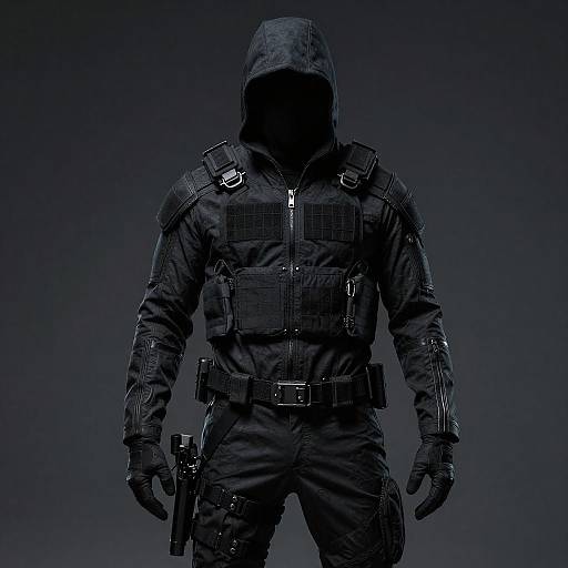 Photograph of a shadowy, hooded figure in dark tactical gear, with a gun holster on the right thigh, against a gradient blue-black background
