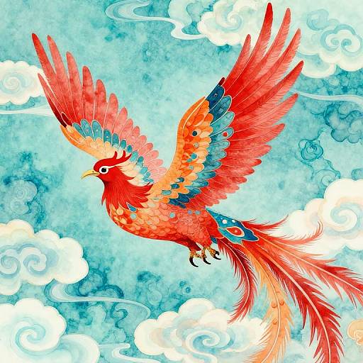 Vibrant digital illustration of a red phoenix with orange, blue, and teal feathers soaring against a blue, cloudy sky background.