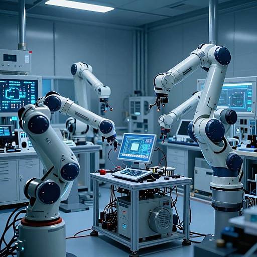 Photograph of a high-tech laboratory with four white robotic arms, each equipped with cameras and sensors, surrounding a computer monitor displaying blue-coded data. Blue