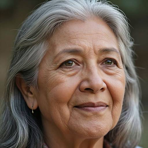 Photograph of an elderly woman with long, silver-gray hair, light brown eyes, and a gentle smile, showing deep wrinkles and a calm expression.