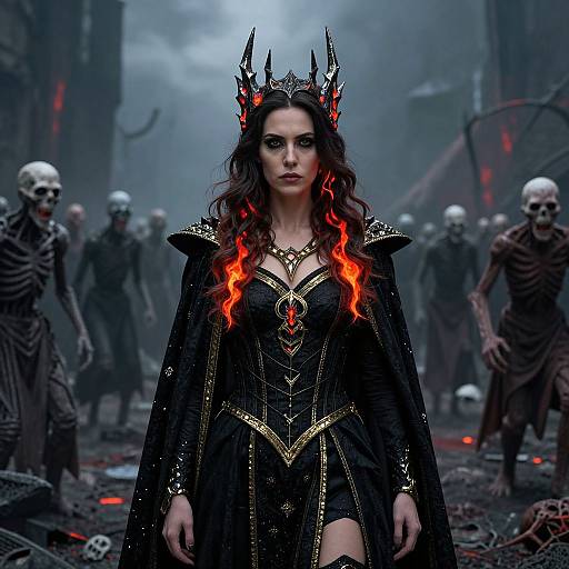 Digital artwork of a dark-haired woman with red flame hair, black crown, and ornate black dress, standing in a foggy, undead-filled,