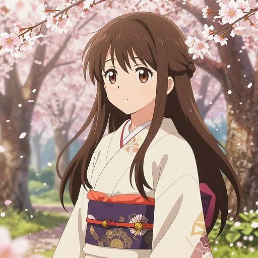 Anime-style drawing of a young woman with long brown hair, wearing a white kimono with a purple obi, standing under blooming cherry blossoms