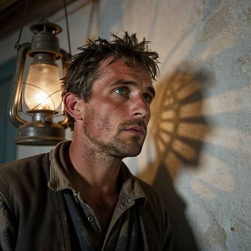 Photograph of a rugged, dirty-faced man with spiky hair, green eyes, and a serious expression, standing beside a glowing lantern casting a shadow