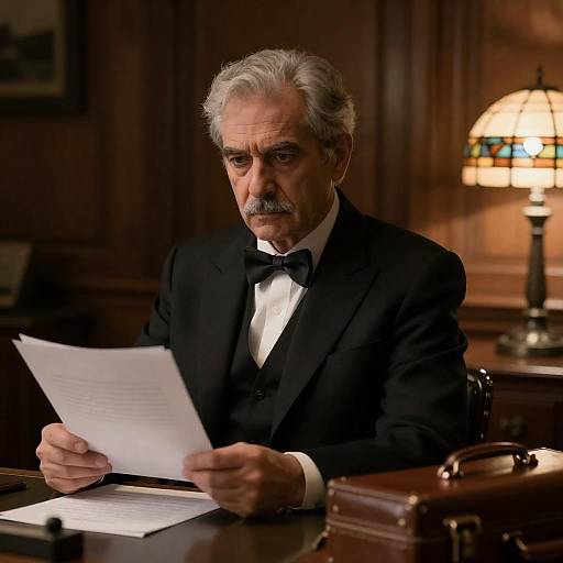 Middle-aged man reading documents in formal suit
