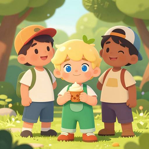 Digital illustration of three smiling, cartoon-style children with diverse skin tones, wearing summer clothes and caps, standing in a sunny forest, with one holding a