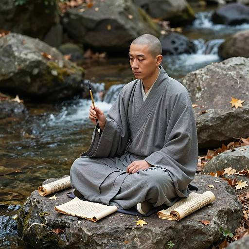 Photograph of a bald, Asian monk in gray robes, sitting on a rock by a stream, writing with a calligraphy brush, surrounded by autumn