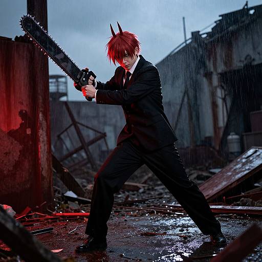 Anime-style digital artwork of a red-haired male character with horns, in a black suit, wielding a chainsaw in a rainy, ruined urban setting.