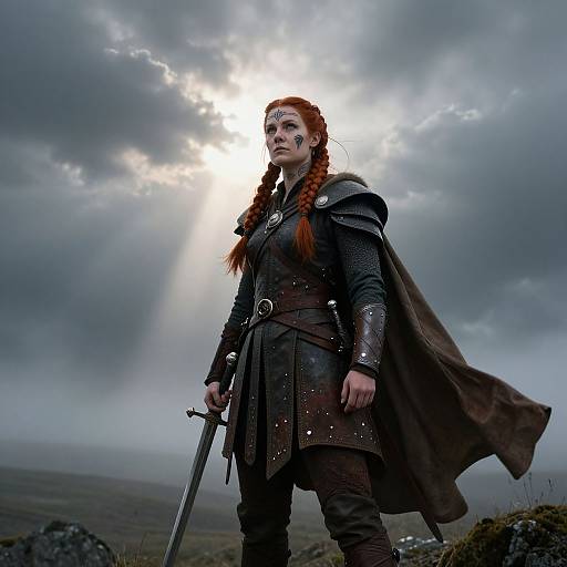 Photograph of a red-haired woman in medieval armor with braided hair, holding a sword, standing under a dramatic cloudy sky. Sunlight breaks through