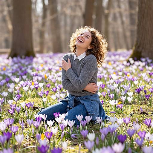 Photograph: Curly-haired woman in gray sweater and blue jeans, laughing joyfully, kneeling in sunlit forest field of purple and white croc