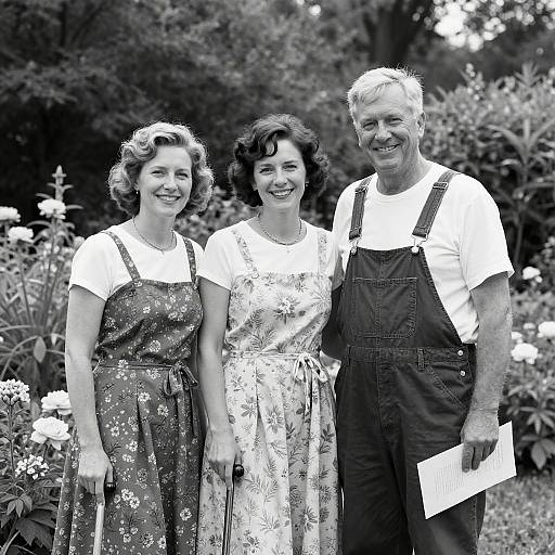 Black-and-white photograph of three smiling elderly people in garden; two women in floral dresses, one man in overalls holding paper.