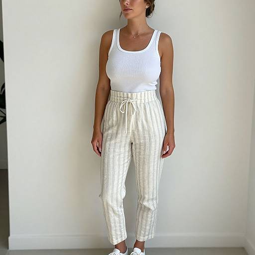Photograph of a woman with light brown skin, wearing a white tank top and high-waisted, white checkered pants, standing against a plain