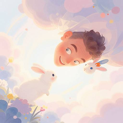 Digital illustration of a smiling, brown-haired boy with bright eyes, surrounded by vibrant, pastel-colored flowers and bokeh lights, peering through a