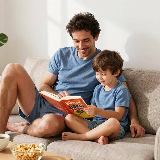 Photograph of a smiling, curly-haired father in a blue t-shirt and shorts, reading 