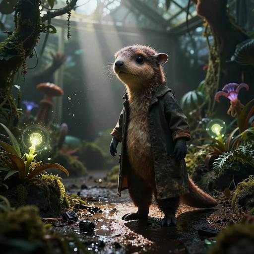 CGI fantasy image of a cute, anthropomorphic otter in a dark green coat standing in a mystical, illuminated forest with glowing mushrooms and moss-covered