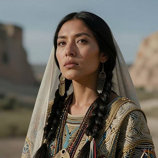 Photograph of a Native American woman with dark hair in braids, wearing traditional embroidered clothing, adorned with jewelry, and a translucent veil, against a