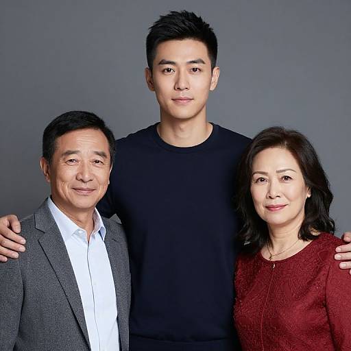 Photograph of an Asian family: elderly man in gray suit, middle-aged son in black sweater, and daughter in red sweater, smiling against gray background