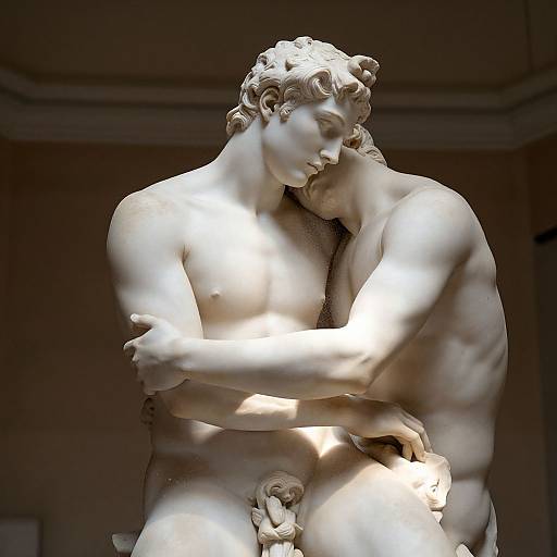 Photograph of a classical marble statue depicting a muscular, nude male figure tenderly embracing another, with soft lighting and shadow play.