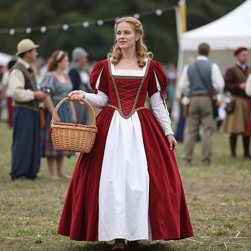 Photograph of a blonde woman in a red and white Renaissance-style dress with puffed sleeves, holding a wicker basket, standing in a grassy