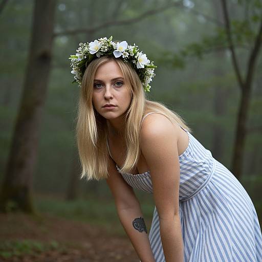 Photograph of a blonde woman with a flower crown, striped dress, and tattoo, bending forward in a misty forest.