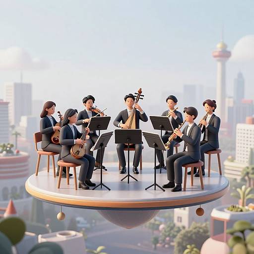 Digital illustration of a string quartet in black suits performing on a floating platform above a cityscape, with musical stands and chairs.