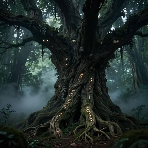 Mysterious, ancient forest tree with twisted, gnarled roots and glowing, carved letters spelling 