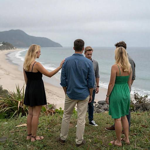 Group of Friends on Cliff Overlooking Beach