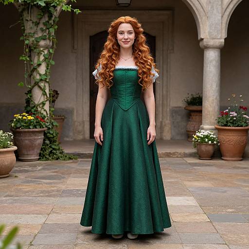 Photograph of a fair-skinned woman with long, curly red hair, wearing a green, strapless, Victorian-style gown, standing in a stone