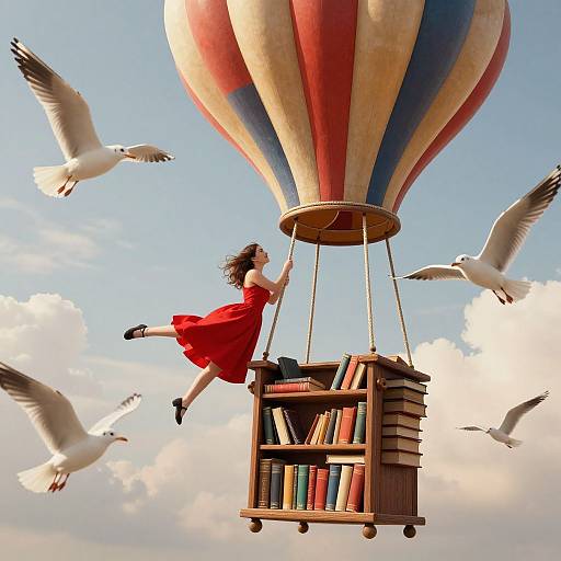 Woman in a red dress rides a colorful hot air balloon basket filled with books, surrounded by flying seagulls, under a bright blue sky.