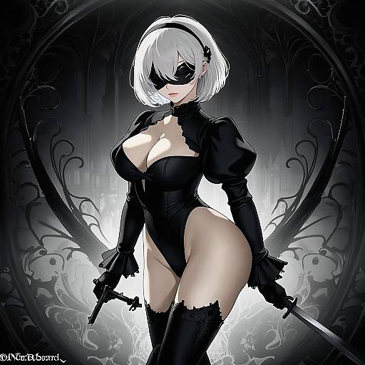 Illustration of 2b (nier:automata), nier (series) in the style of Tro