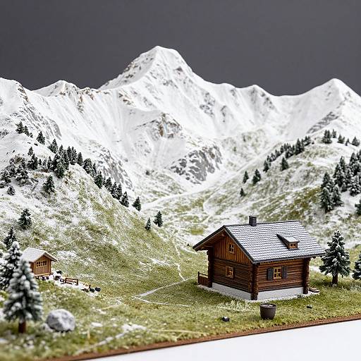 Photorealistic CGI of a wooden Alpine cabin with a snow-covered mountain range, dark clouds, grassy hillside, and scattered evergreen trees.