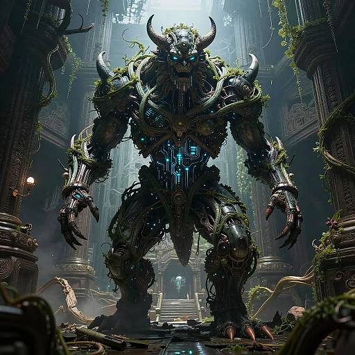 Digital CGI artwork of a towering, horned, demonic creature with glowing blue eyes and intricate, dark, mechanical armor in a misty, ruined cathedral