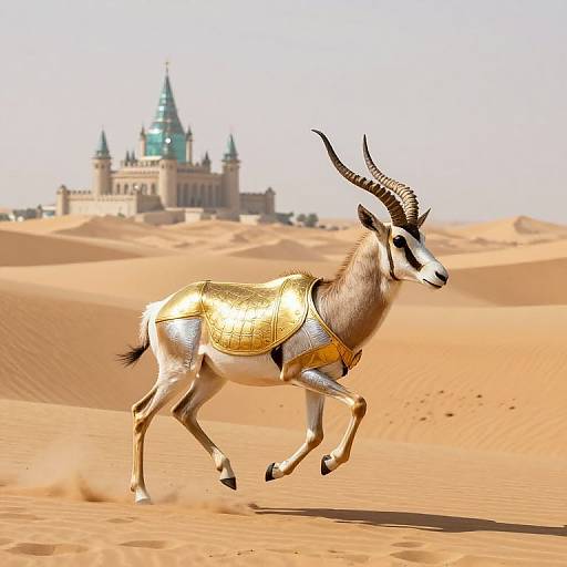 Golden-adorned antelope with long horns gallops through a sunlit desert, with a majestic castle with teal spires in the blurred background.