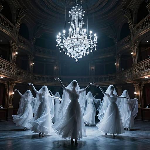 Photograph of ethereal white-robed dancers with flowing fabrics performing in a grand, dimly-lit ballroom with a glowing chandelier overhead.