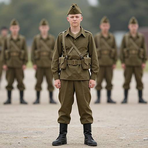 Photograph of a young white male soldier in World War II-era olive green uniform, standing front and center with blurred background of similarly dressed soldiers.