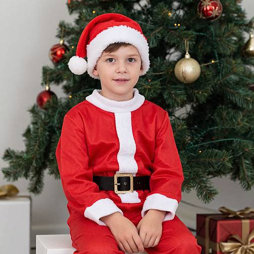 Photograph of a young boy in a Santa outfit, sitting in front of a decorated Christmas tree with red and gold ornaments.
