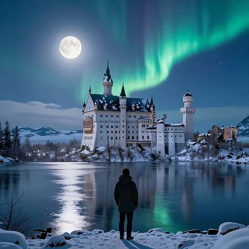 Photograph of a snowy night scene with a full moon, aurora borealis, and a large, illuminated castle reflected in a frozen lake, with