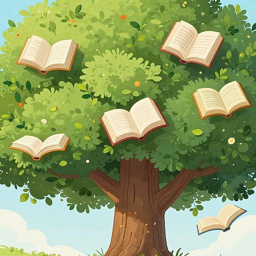 Digital illustration of a lush, green tree with a thick brown trunk, bright sunlight, and five floating open books among its leaves against a clear blue sky