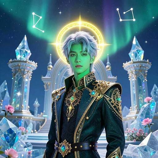 Surreal Portrait of Noble Youth with Jade-Green Skin in Iridescent Ice Palace