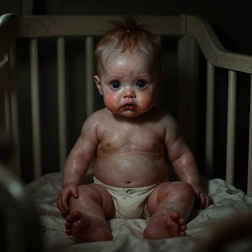 Photograph of a dirty, chubby, crying baby with wet skin, wearing a soiled diaper, sitting in a dark, wooden crib.