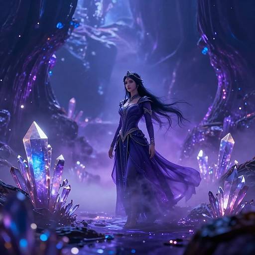 Digital fantasy artwork of a regal, dark-haired woman in a flowing purple dress, standing amid glowing, crystalline structures in a mystical, purple-h