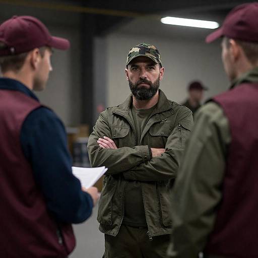 Three Men in Dim Industrial Interior