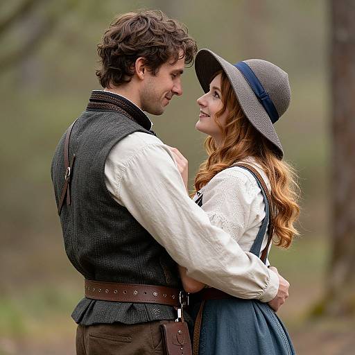 Photograph of a curly-haired man in a gray vest and white shirt, gently holding a smiling woman in a blue dress and gray hat, standing close