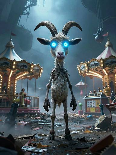 CGI image of a glowing-eyed, horned goat standing in a dark, abandoned carnival with broken carousel lights and debris.