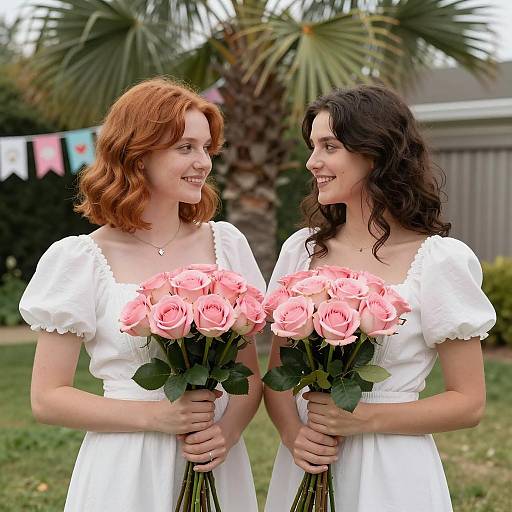Joyful Women in White Dresses Outdoors